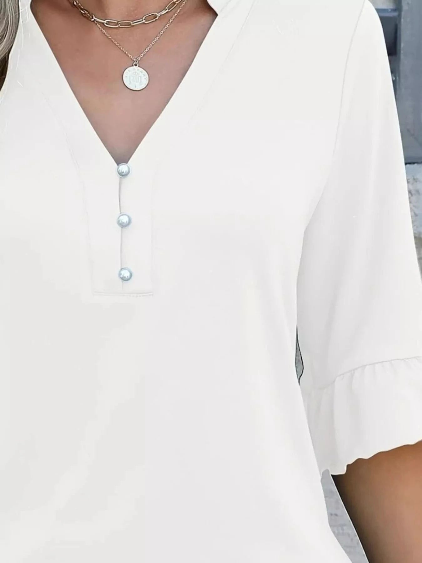 Full Size Notched Flounce Sleeve Blouse Plus Size - ShalayeFashion