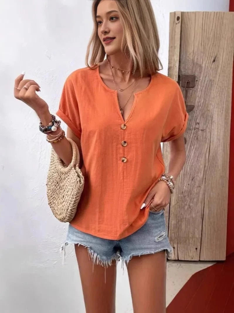 Full Size Notched Short Sleeve Top Plus Size - ShalayeFashion