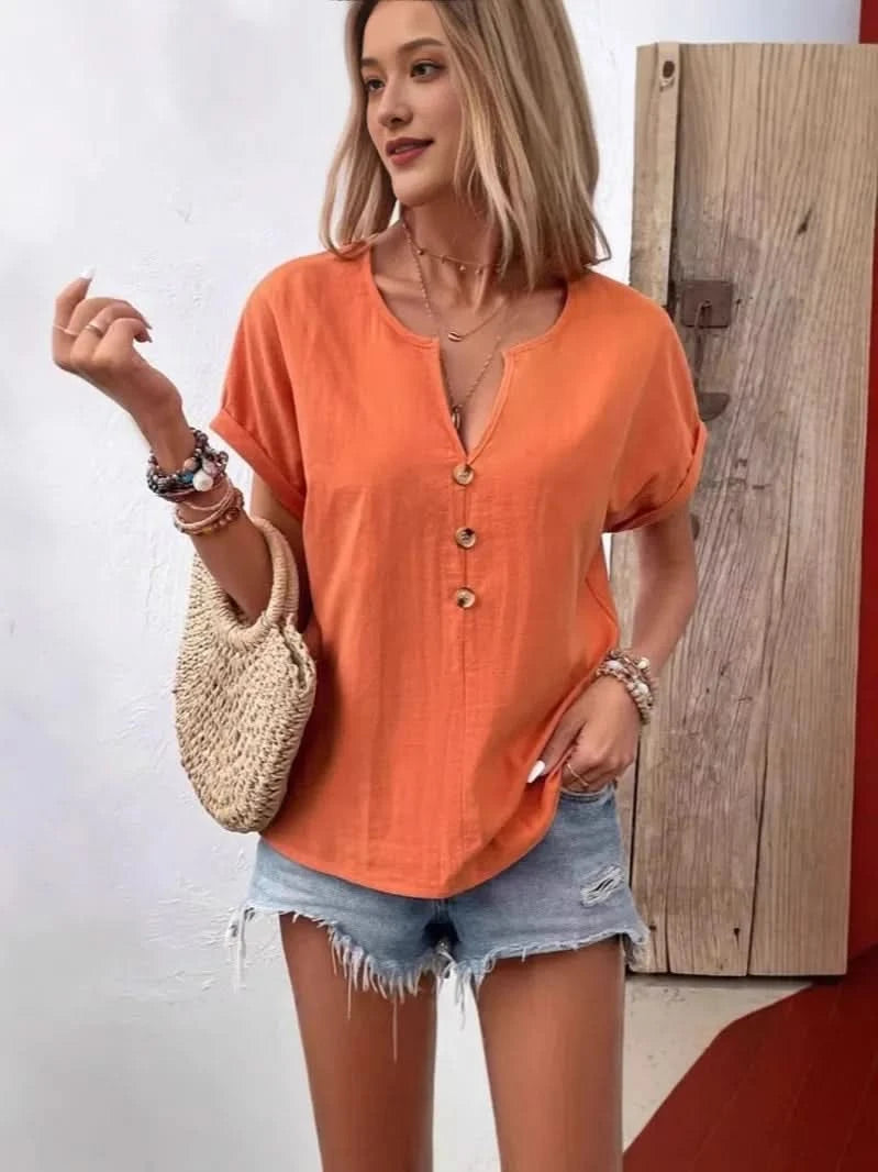 Full Size Notched Short Sleeve Top Plus Size - ShalayeFashion