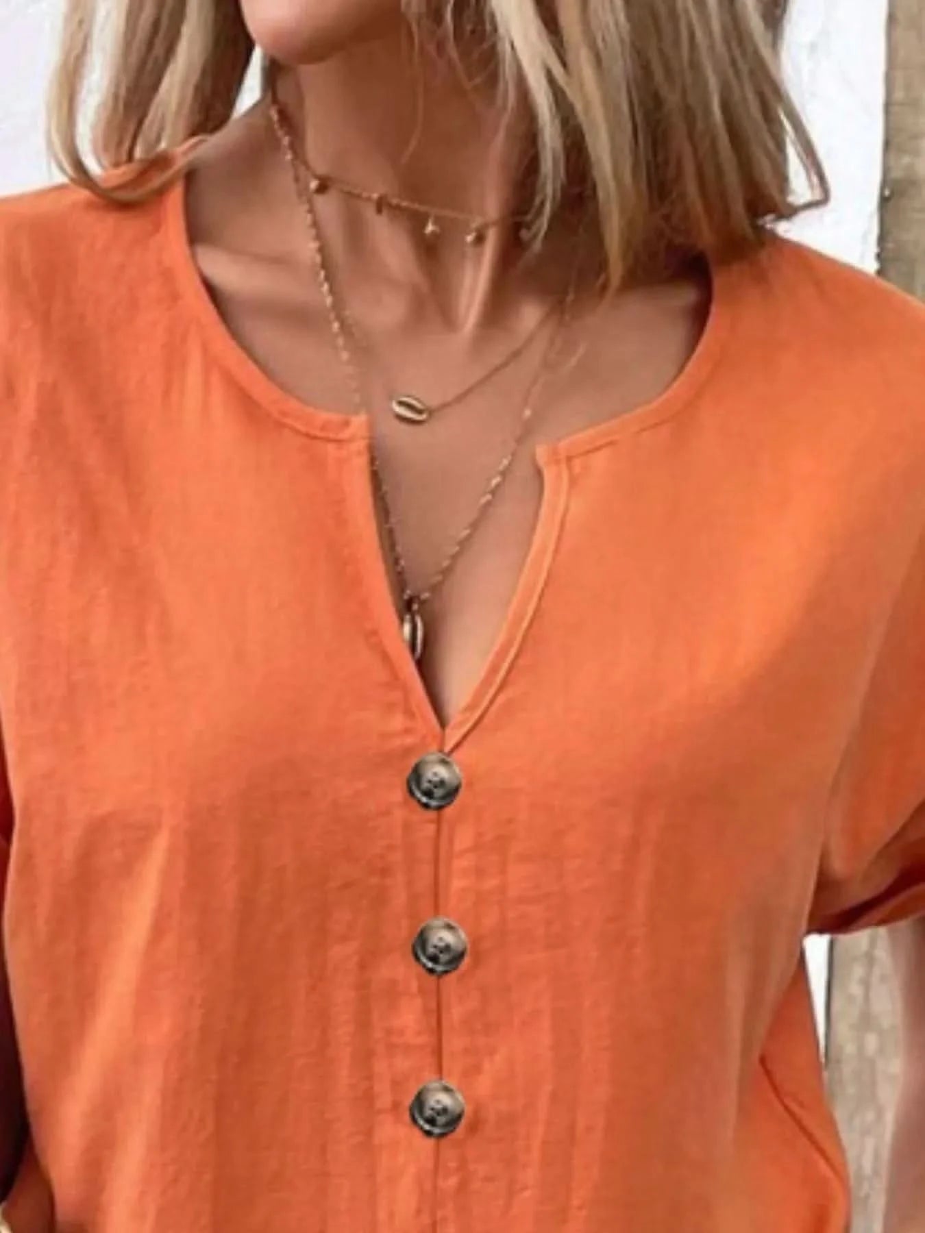 Full Size Notched Short Sleeve Top Plus Size - ShalayeFashion