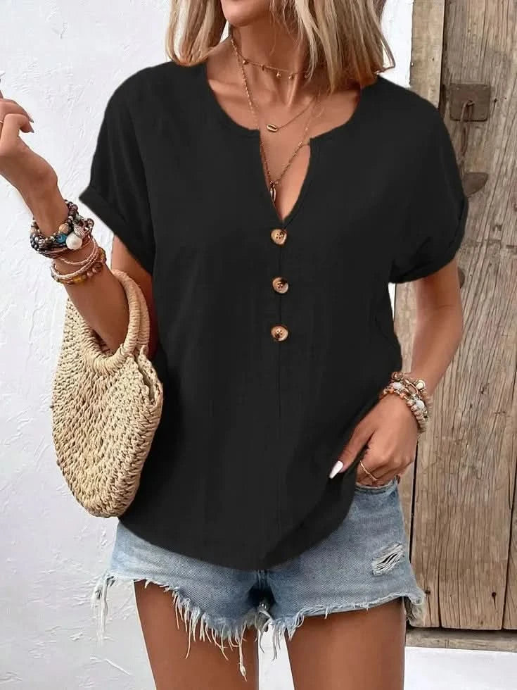Full Size Notched Short Sleeve Top Plus Size - ShalayeFashion