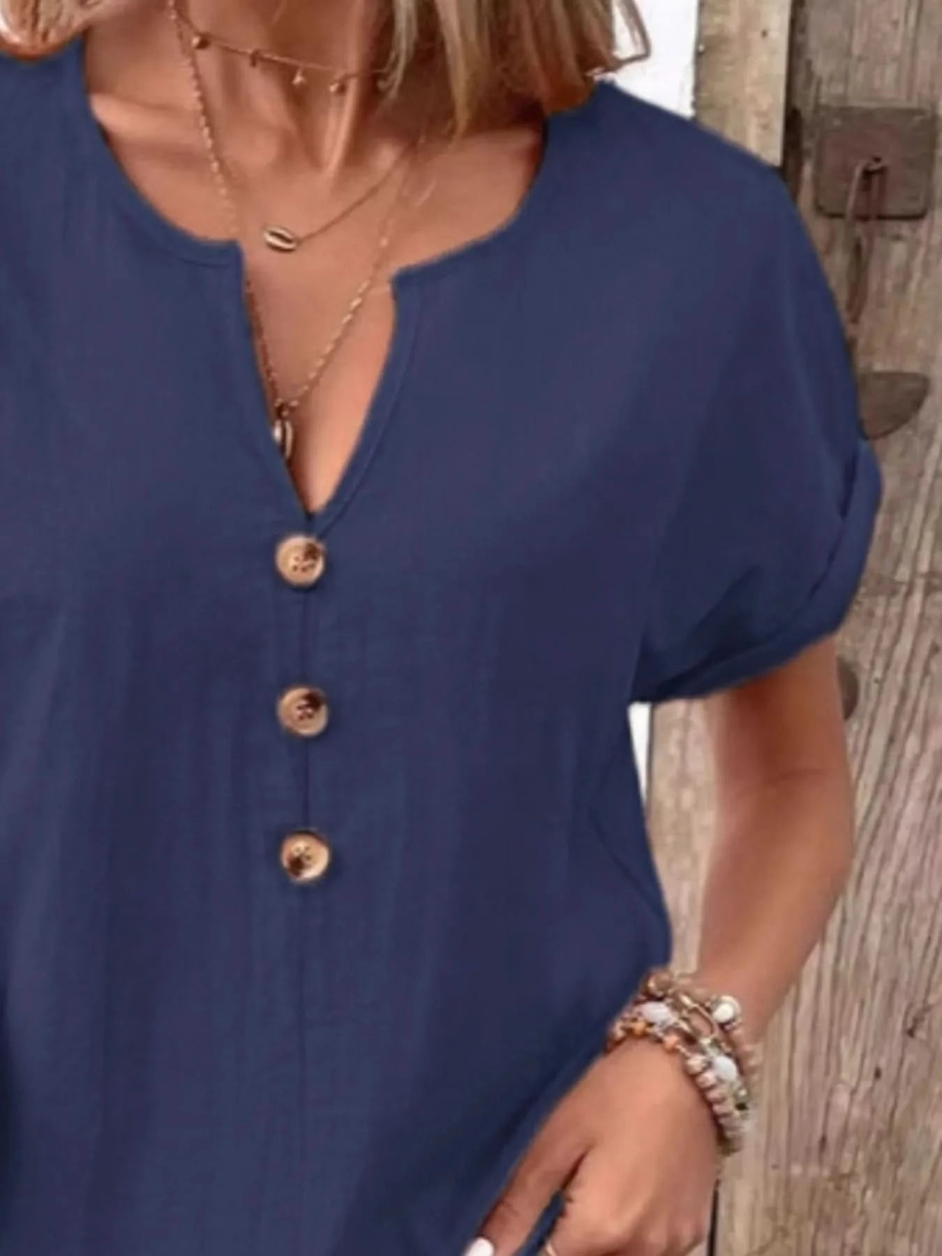 Full Size Notched Short Sleeve Top Plus Size - ShalayeFashion