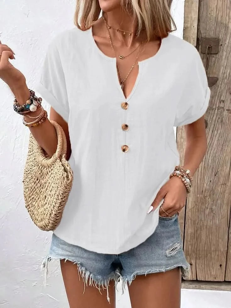 Full Size Notched Short Sleeve Top Plus Size - ShalayeFashion