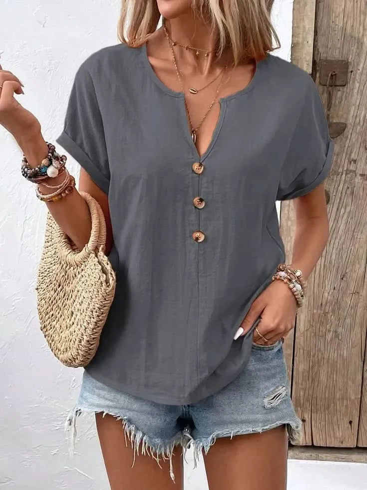 Full Size Notched Short Sleeve Top Plus Size - ShalayeFashion