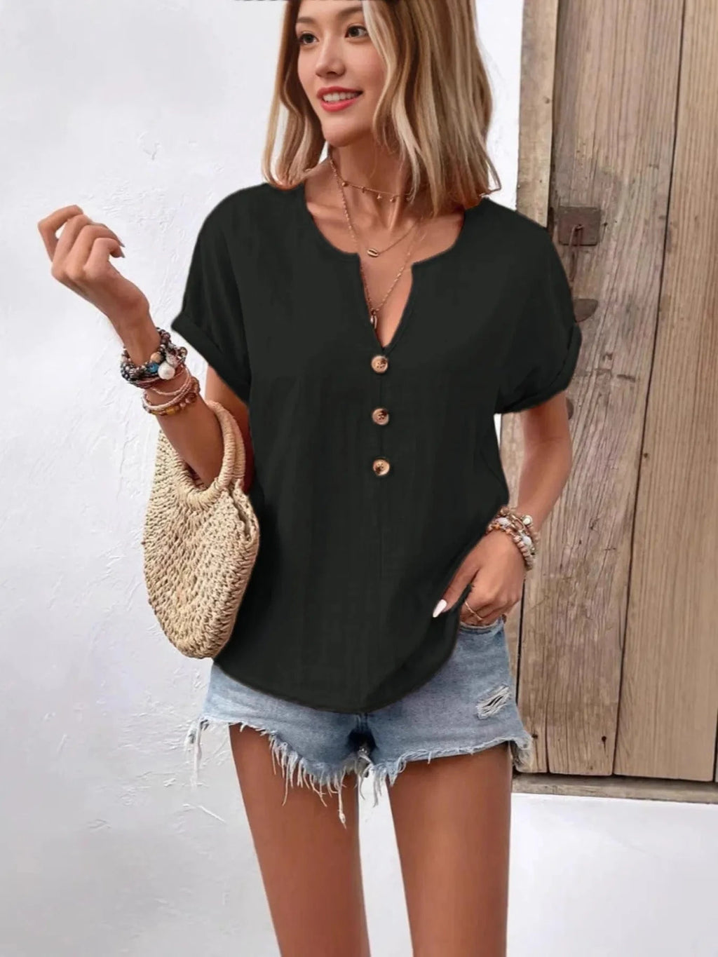 Full Size Notched Short Sleeve Top Plus Size - ShalayeFashion