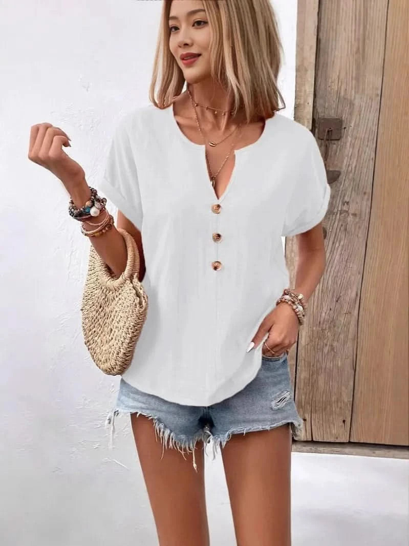 Full Size Notched Short Sleeve Top Plus Size - ShalayeFashion