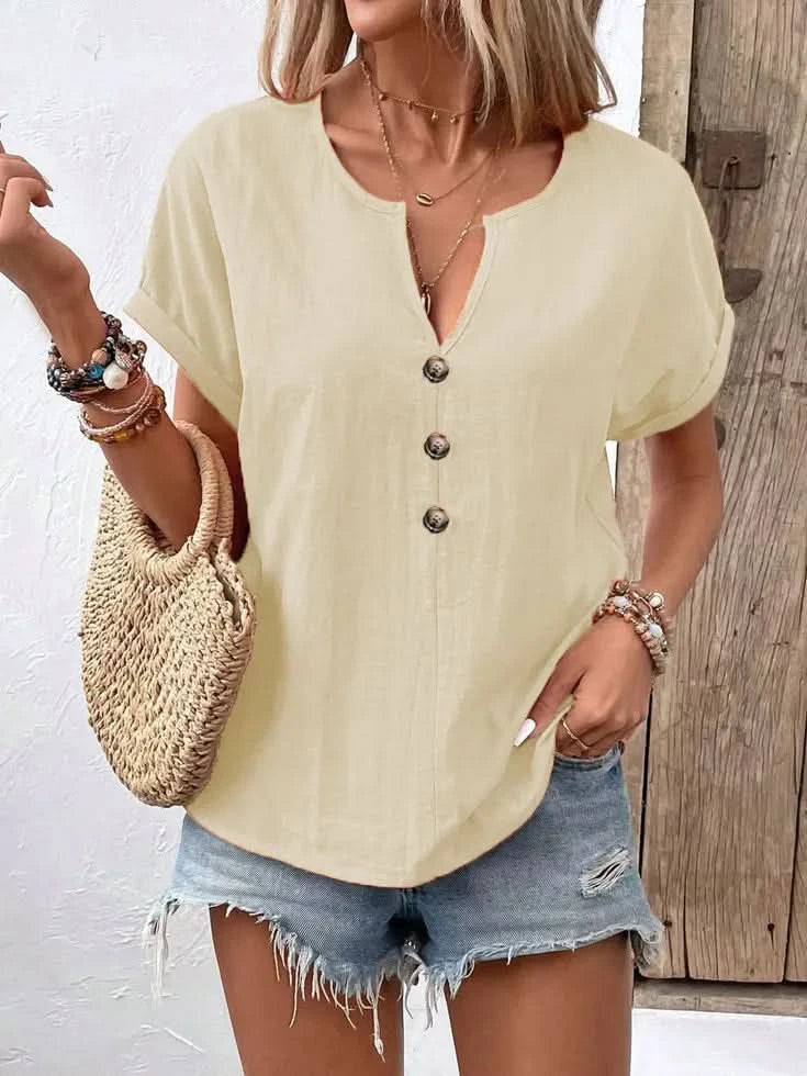 Full Size Notched Short Sleeve Top Plus Size - ShalayeFashion