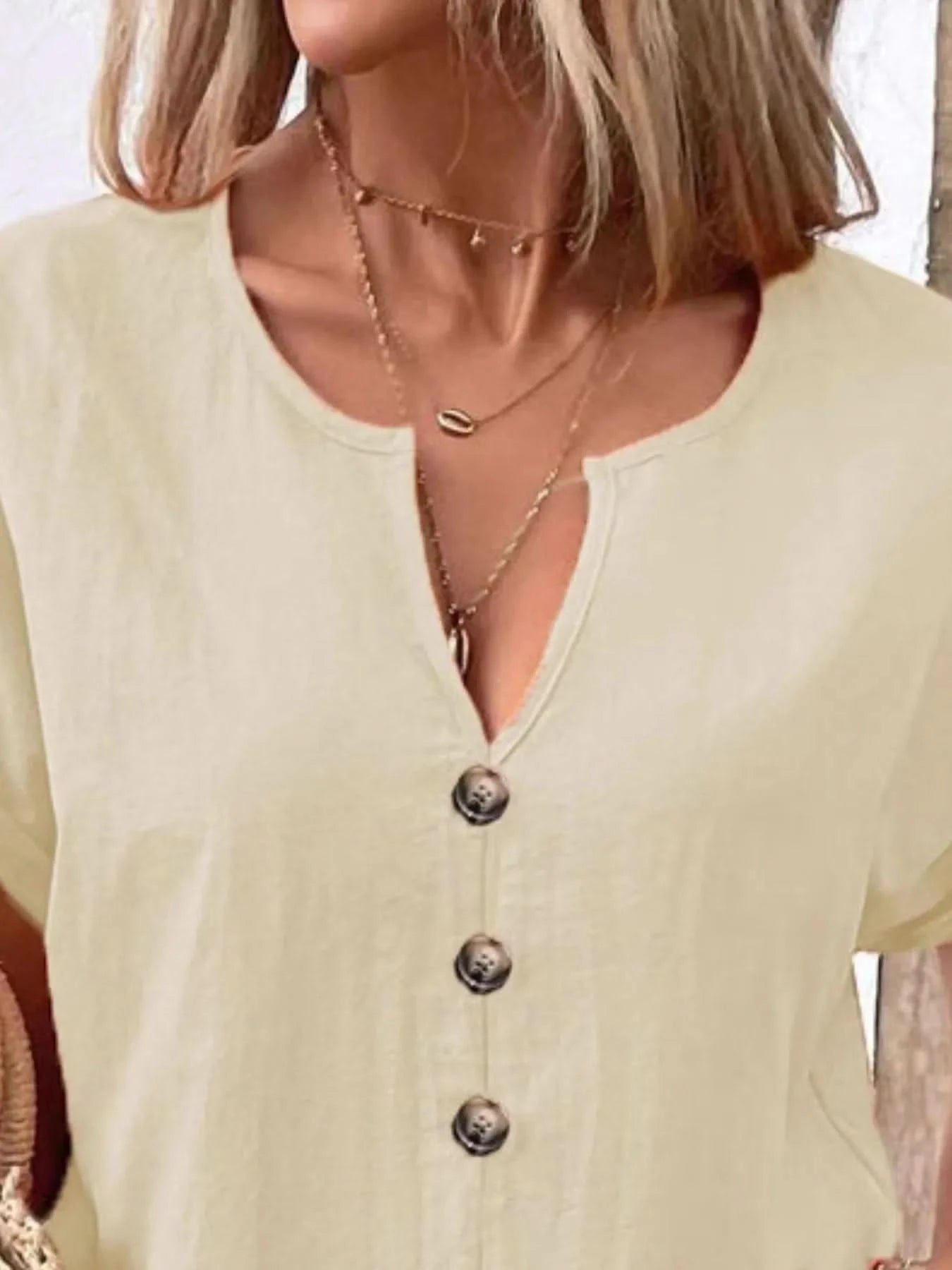 Full Size Notched Short Sleeve Top Plus Size - ShalayeFashion