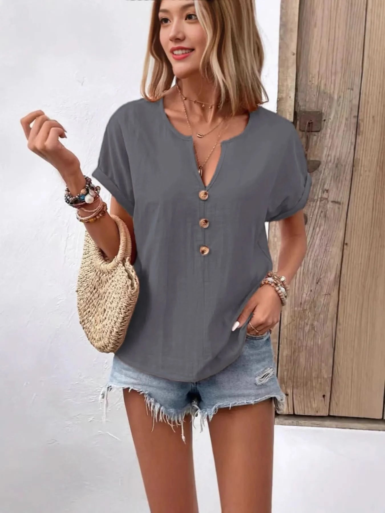Full Size Notched Short Sleeve Top Plus Size - ShalayeFashion