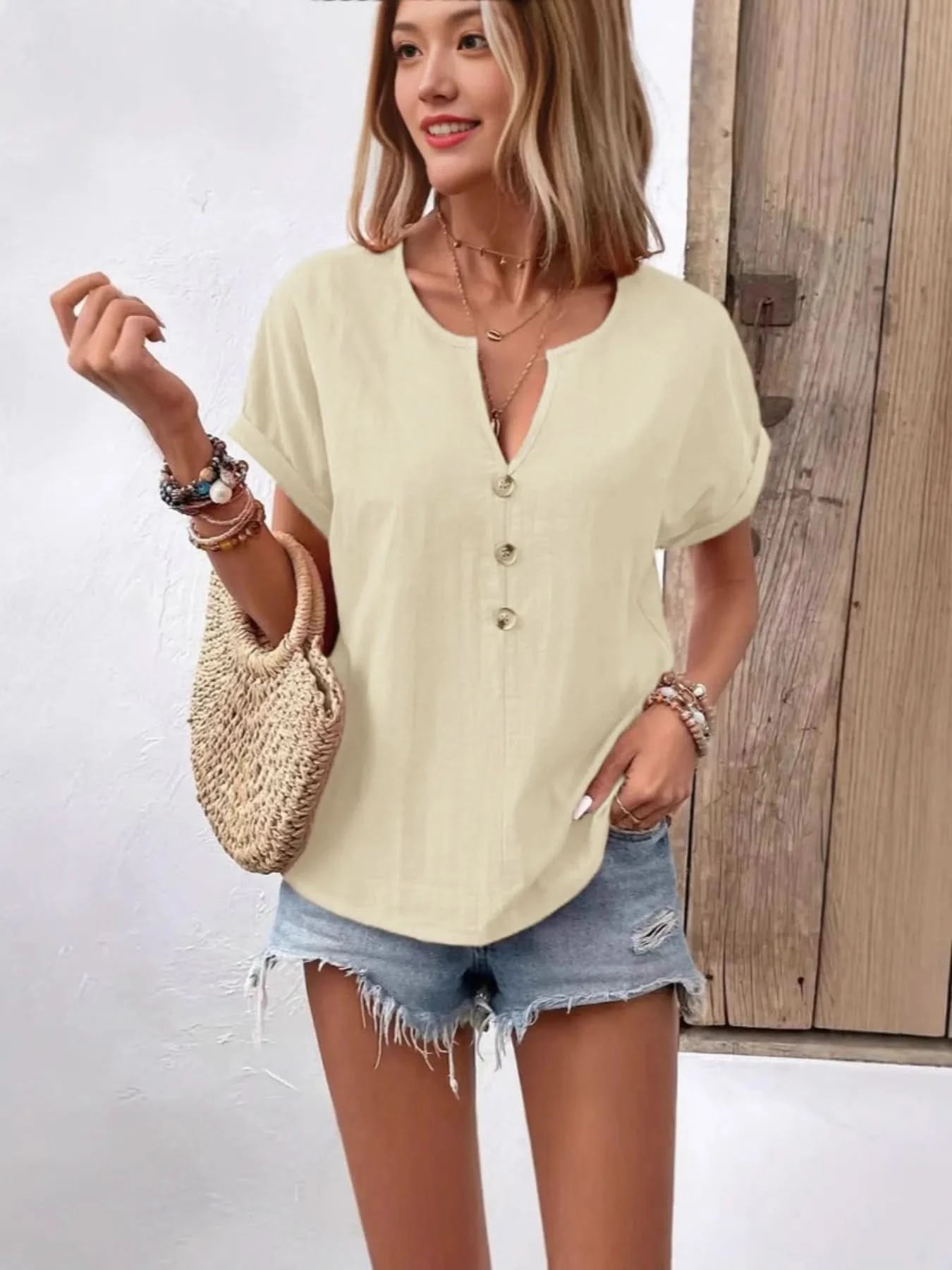 Full Size Notched Short Sleeve Top Plus Size - ShalayeFashion