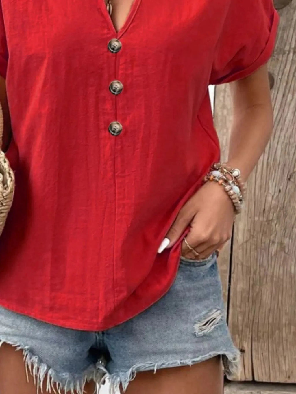 Full Size Notched Short Sleeve Top Plus Size - ShalayeFashion