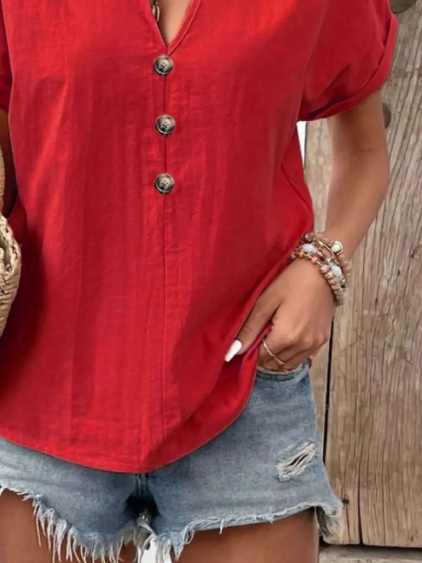 Full Size Notched Short Sleeve Top Plus Size - ShalayeFashion