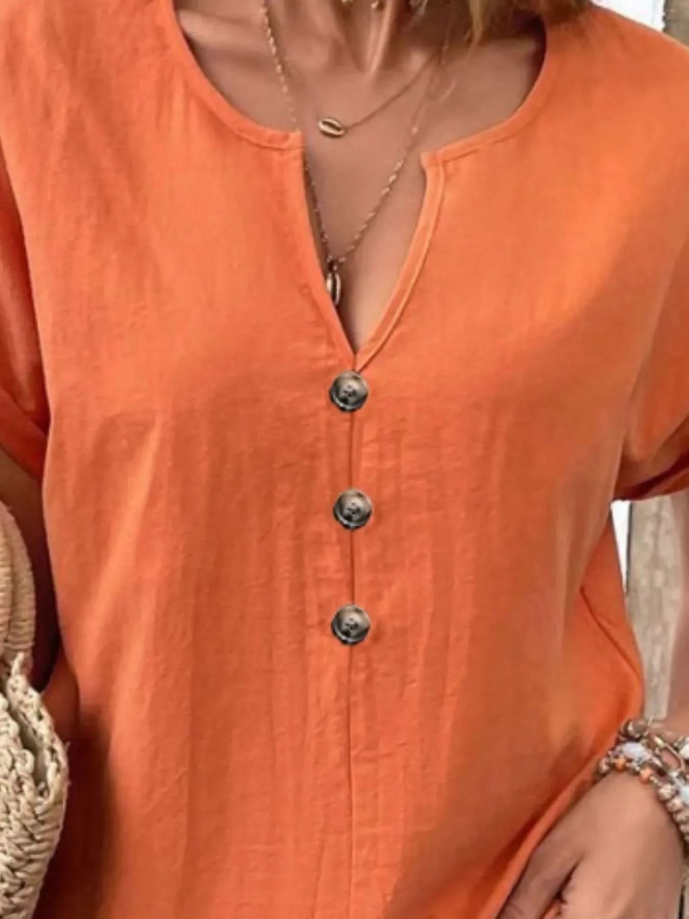 Full Size Notched Short Sleeve Top Plus Size - ShalayeFashion