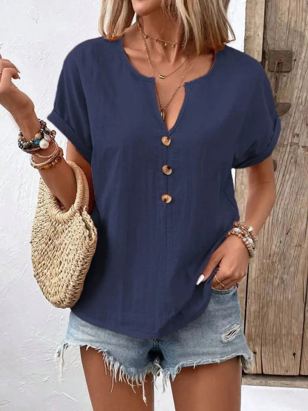 Full Size Notched Short Sleeve Top Plus Size - ShalayeFashion