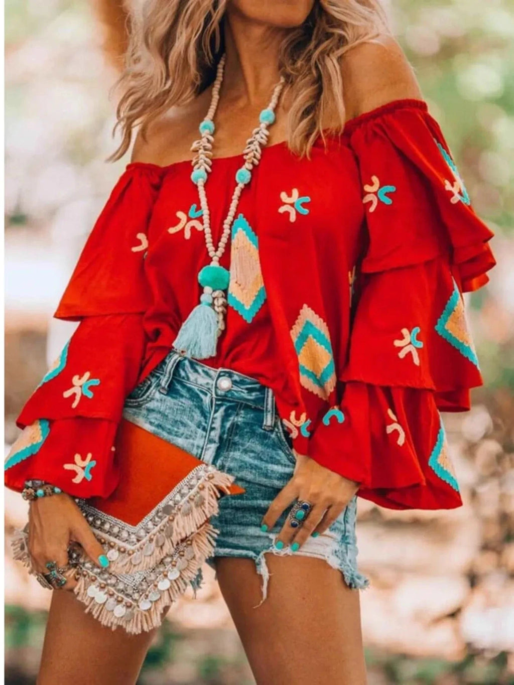 Full Size Off - Shoulder Layered Sleeve Blouse Plus Size - ShalayeFashion