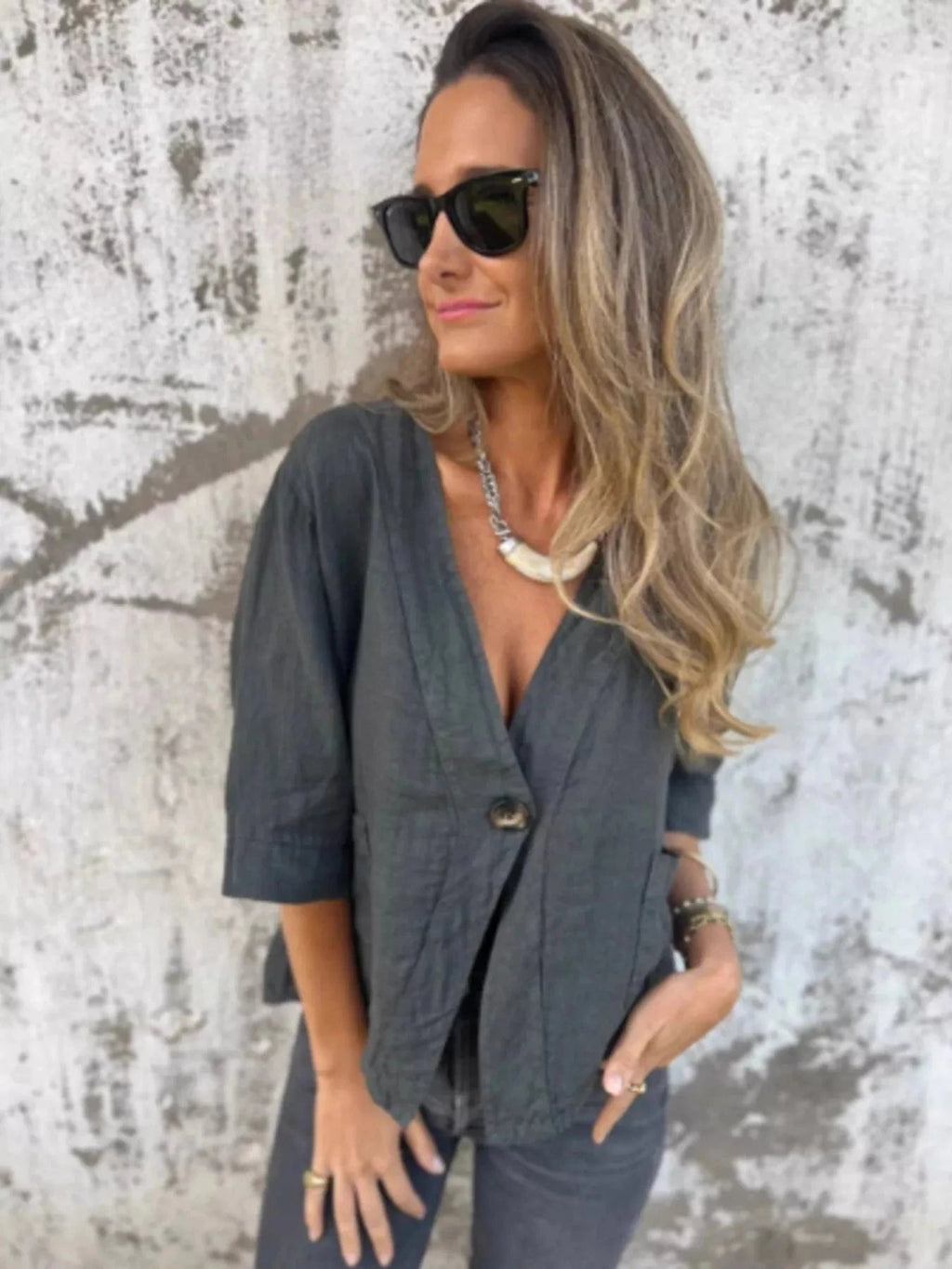 Full Size One Button V - Neck Shirt Plus Size - ShalayeFashion