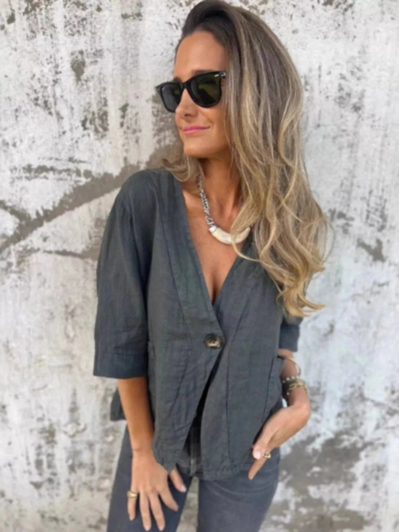 Full Size One Button V - Neck Shirt Plus Size - ShalayeFashion