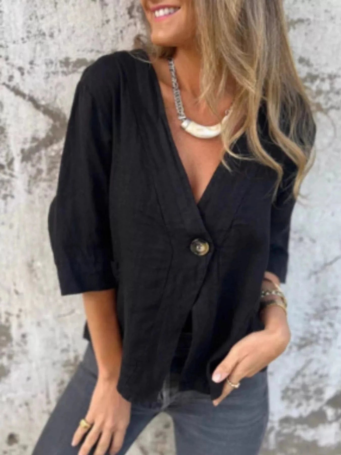 Full Size One Button V - Neck Shirt Plus Size - ShalayeFashion