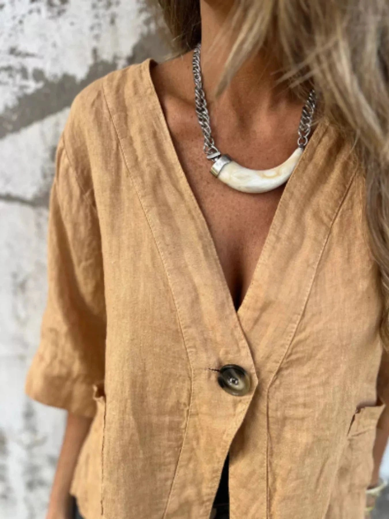 Full Size One Button V - Neck Shirt Plus Size - ShalayeFashion