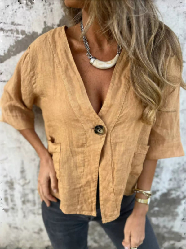 Full Size One Button V - Neck Shirt Plus Size - ShalayeFashion