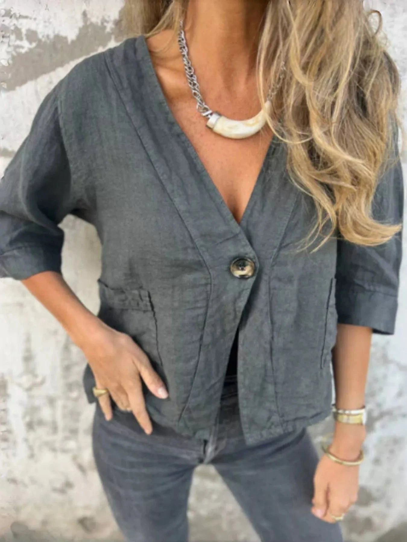 Full Size One Button V - Neck Shirt Plus Size - ShalayeFashion