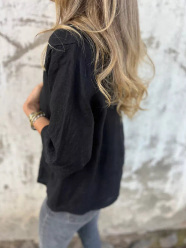 Full Size One Button V - Neck Shirt Plus Size - ShalayeFashion