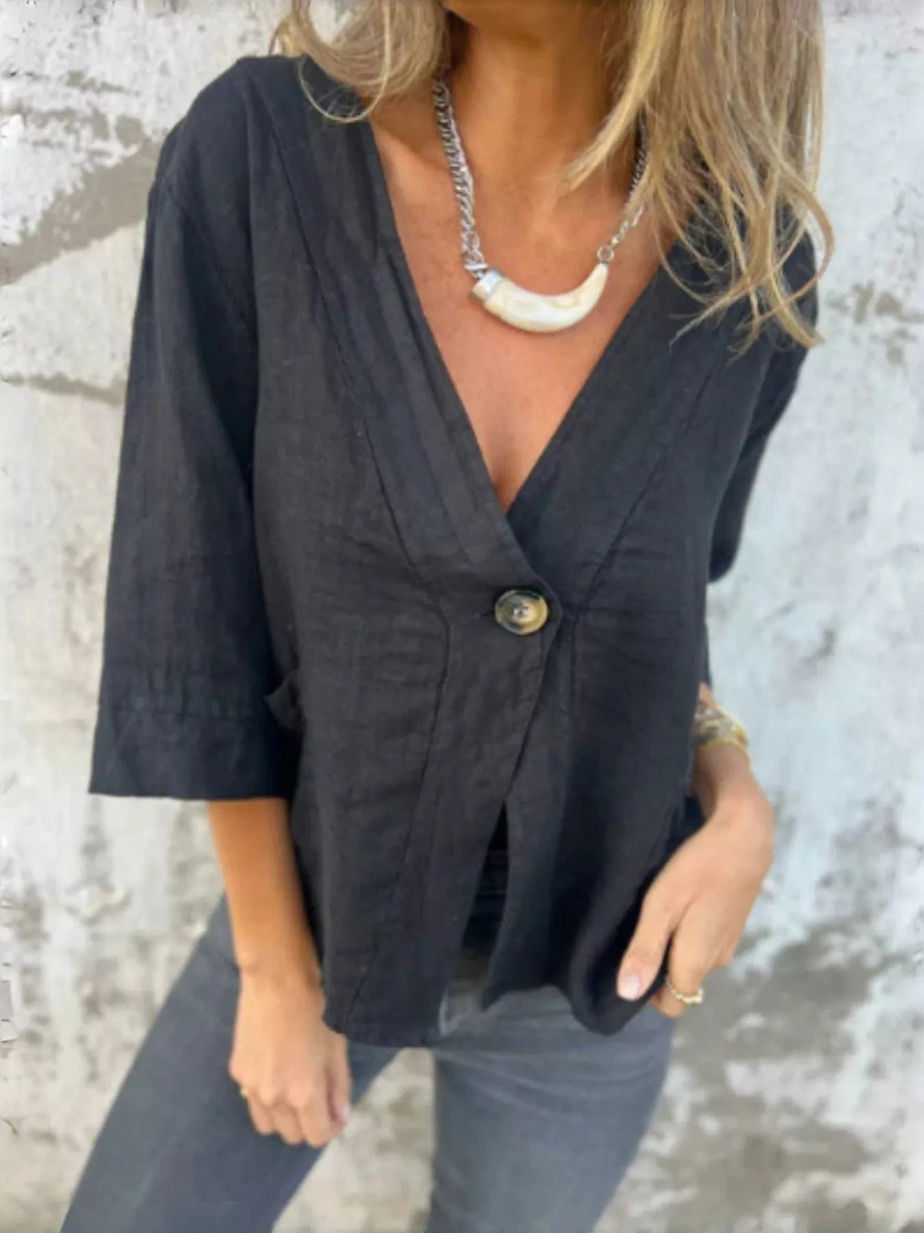 Full Size One Button V - Neck Shirt Plus Size - ShalayeFashion
