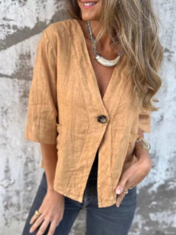 Full Size One Button V - Neck Shirt Plus Size - ShalayeFashion