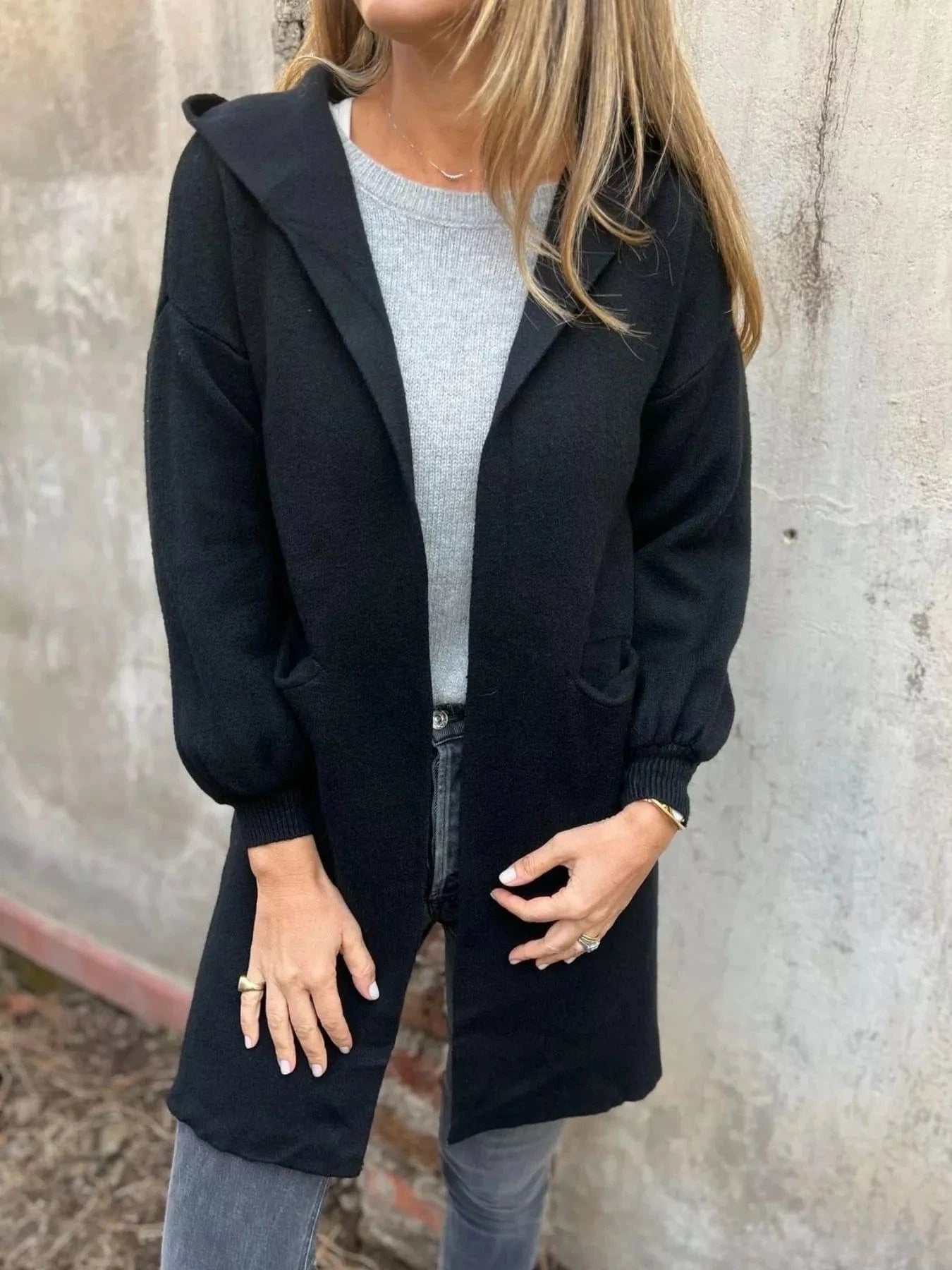 Full Size Open Front Drop Shoulder Hooded Cardigan Plus Size - ShalayeFashion