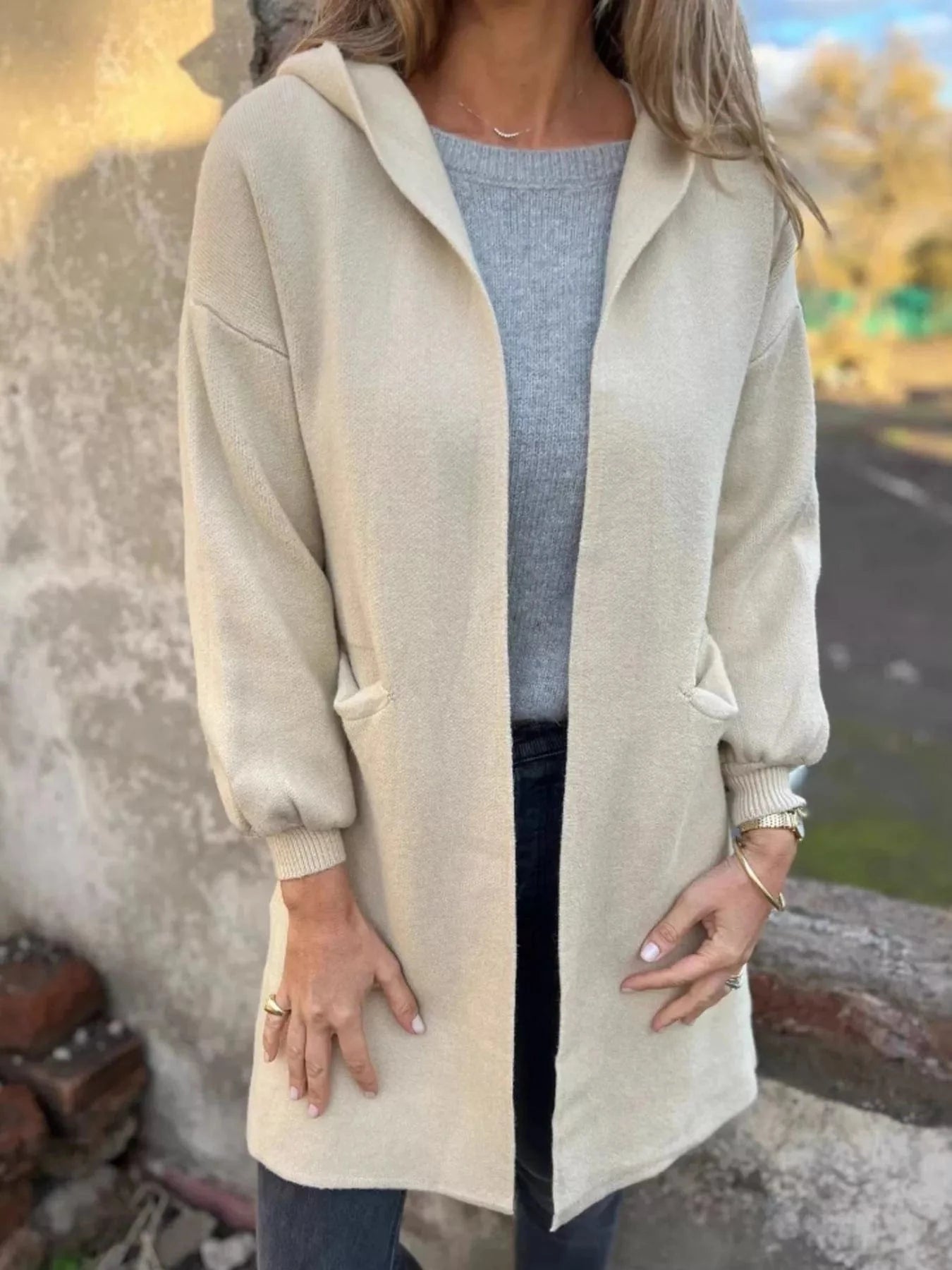 Full Size Open Front Drop Shoulder Hooded Cardigan Plus Size - ShalayeFashion