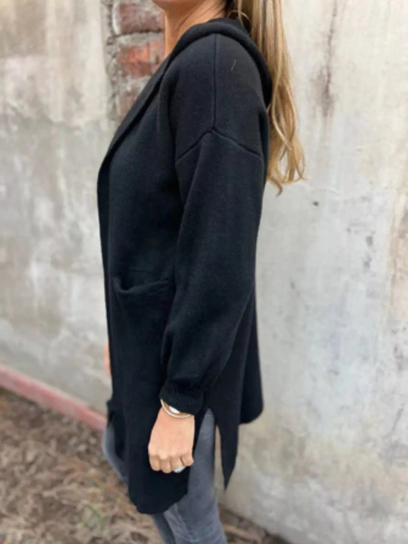 Full Size Open Front Drop Shoulder Hooded Cardigan Plus Size - ShalayeFashion