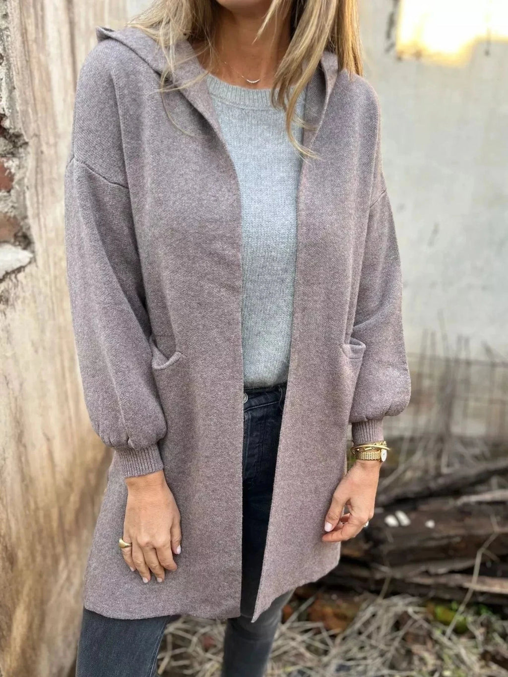 Full Size Open Front Drop Shoulder Hooded Cardigan Plus Size - ShalayeFashion