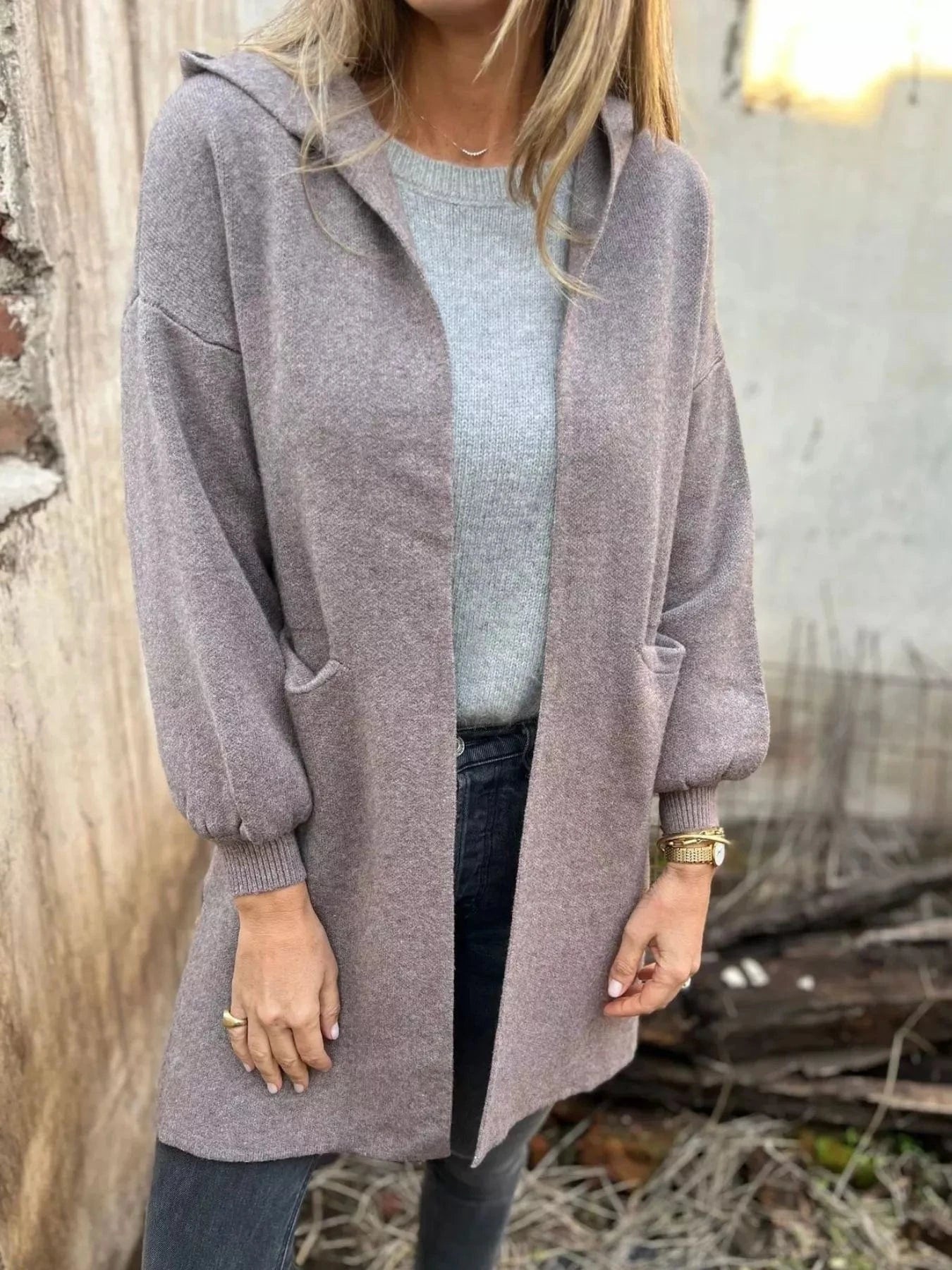 Full Size Open Front Drop Shoulder Hooded Cardigan Plus Size - ShalayeFashion