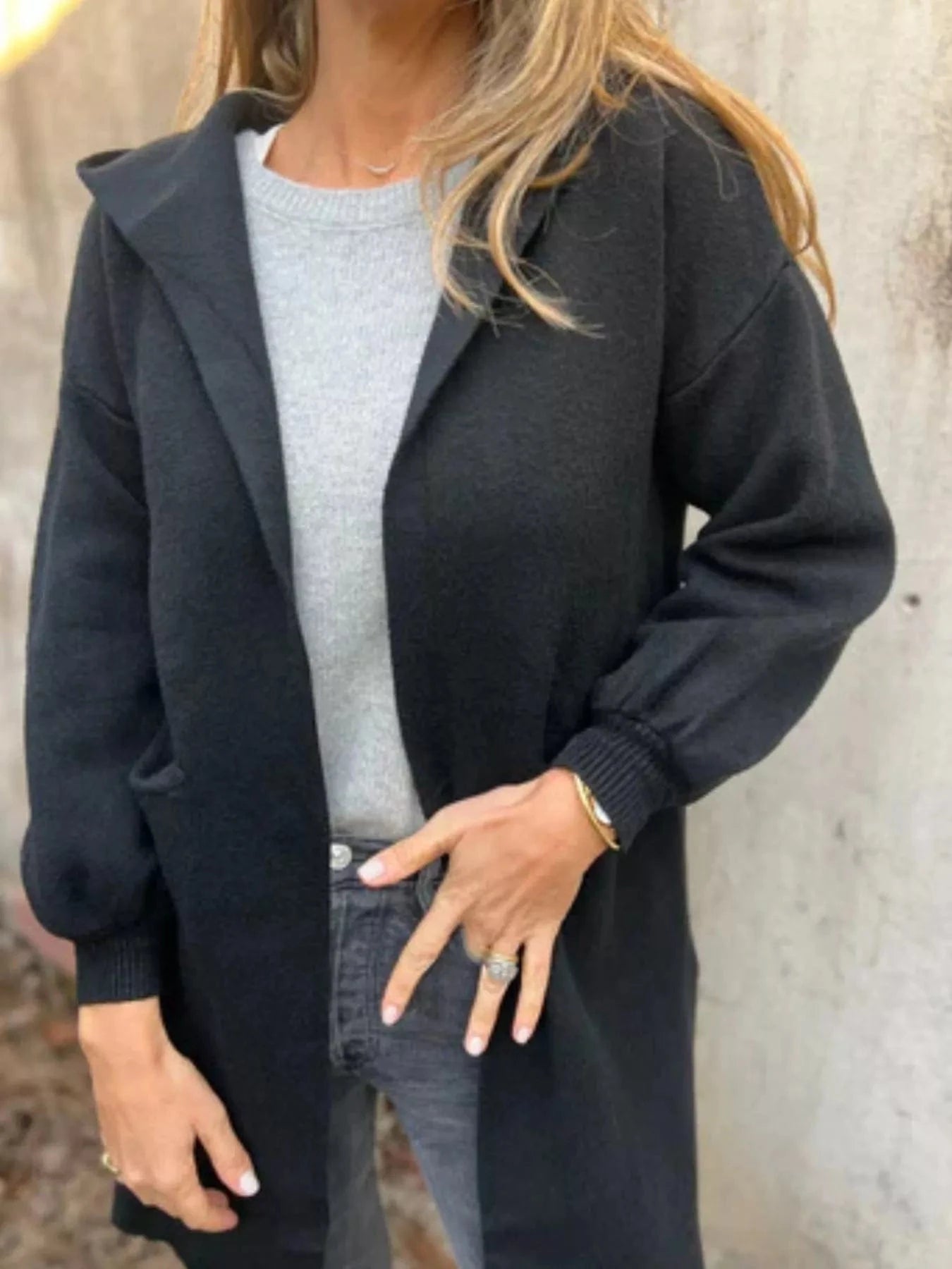 Full Size Open Front Drop Shoulder Hooded Cardigan Plus Size - ShalayeFashion