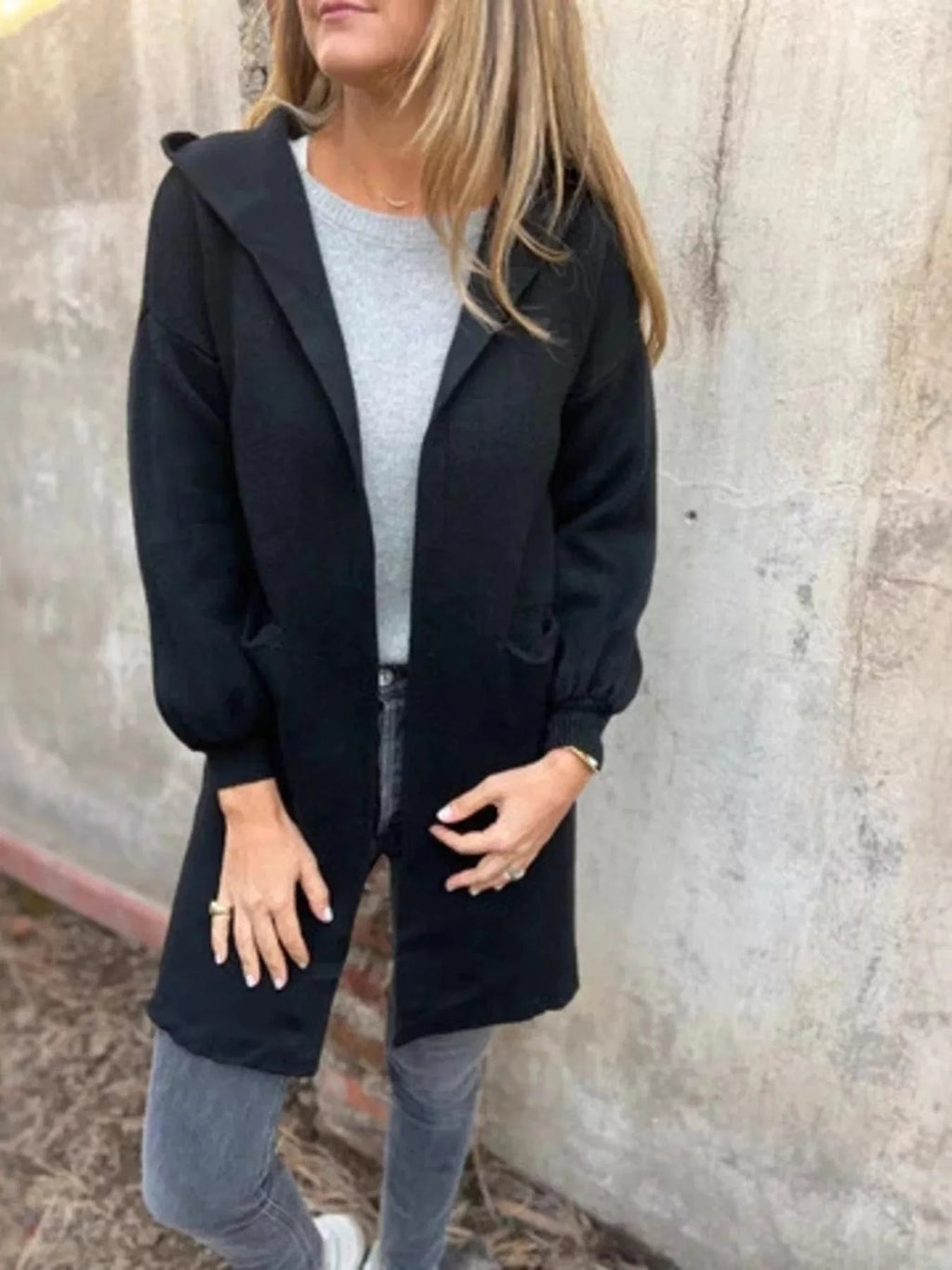 Full Size Open Front Hooded Cardigan Plus Size - ShalayeFashion