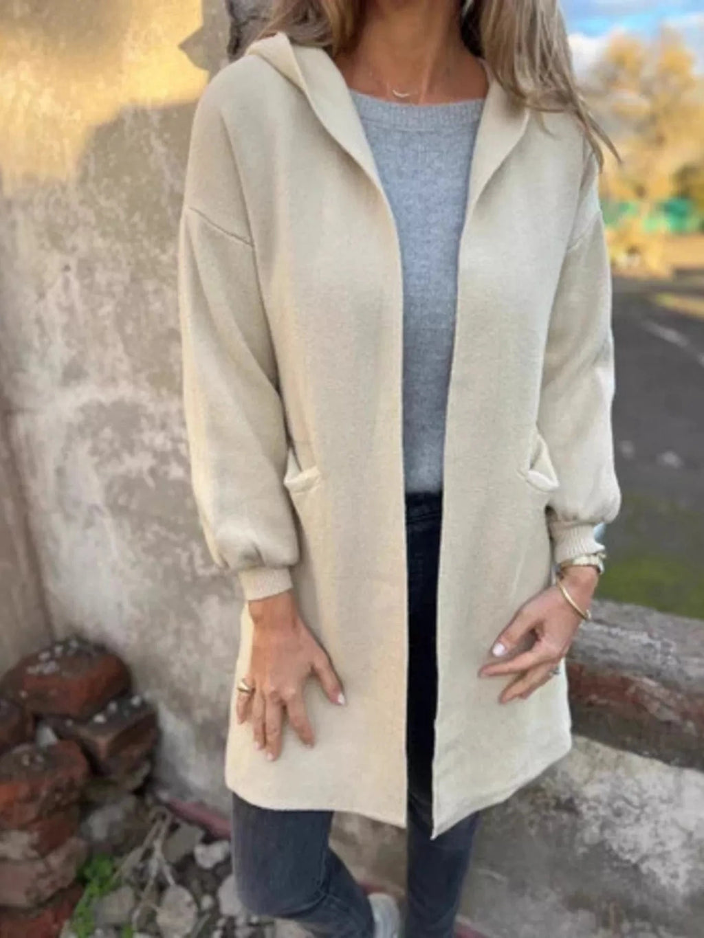 Full Size Open Front Hooded Cardigan Plus Size - ShalayeFashion