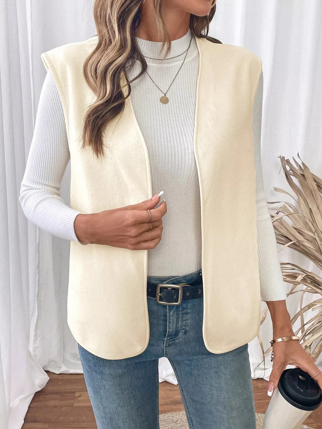 Full Size Open Front Vest Coat Plus Size - ShalayeFashion
