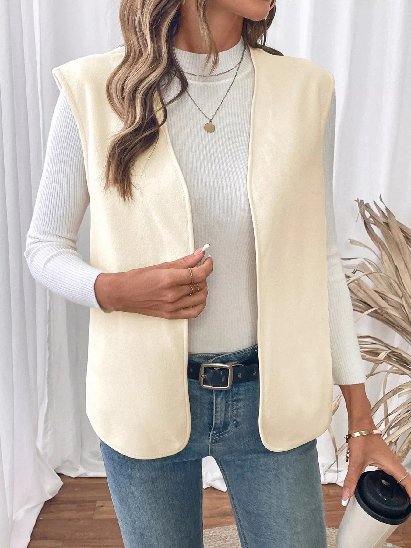 Full Size Open Front Vest Coat Plus Size - ShalayeFashion
