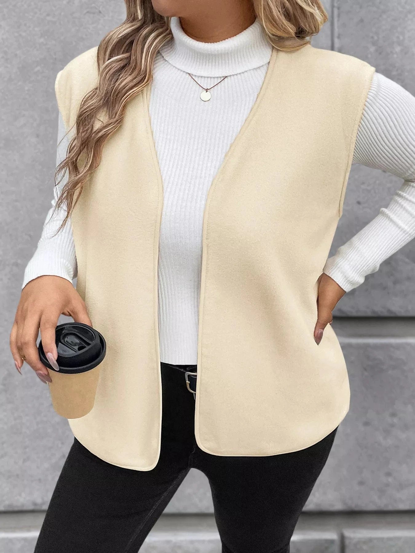 Full Size Open Front Vest Coat Plus Size - ShalayeFashion