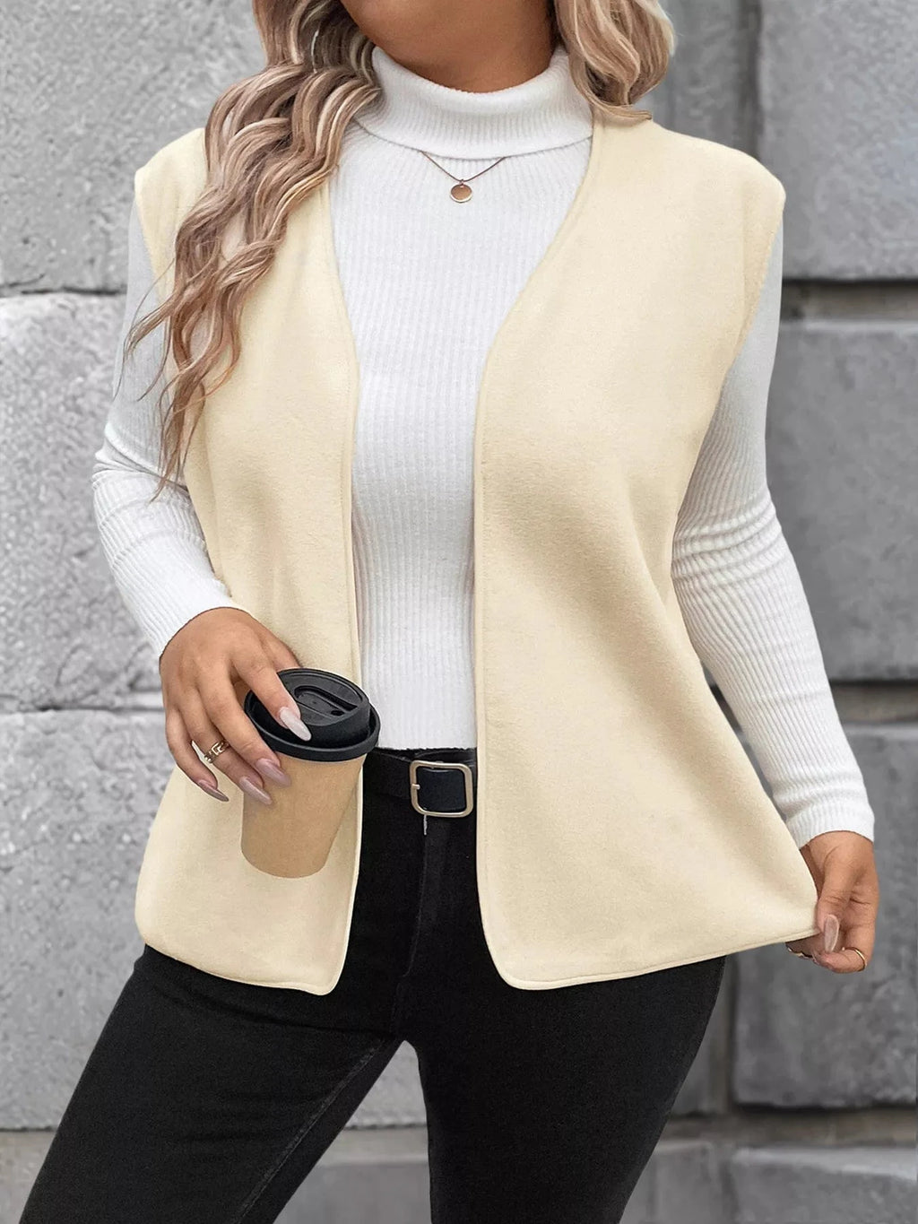 Full Size Open Front Vest Coat Plus Size - ShalayeFashion