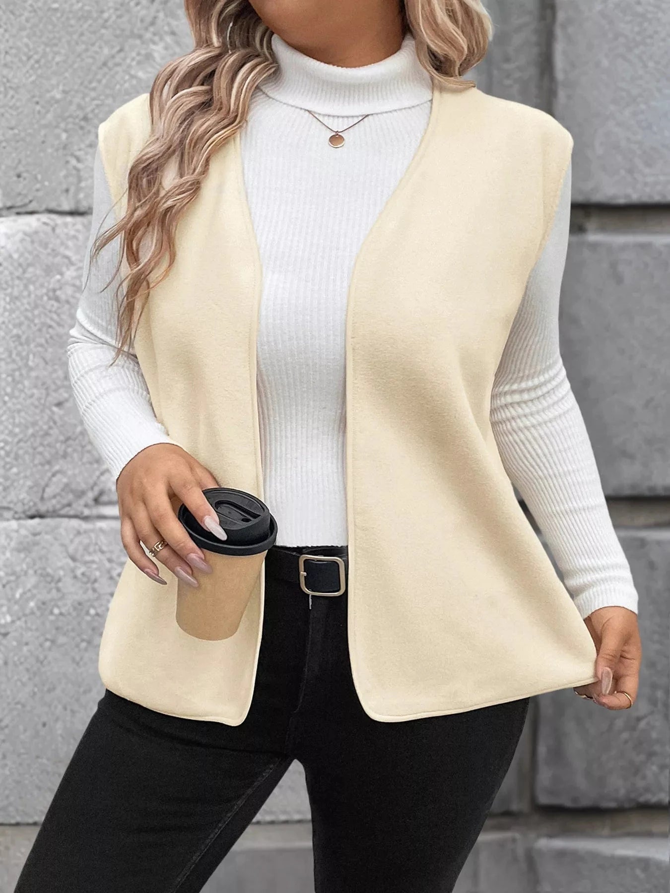 Full Size Open Front Vest Coat Plus Size - ShalayeFashion