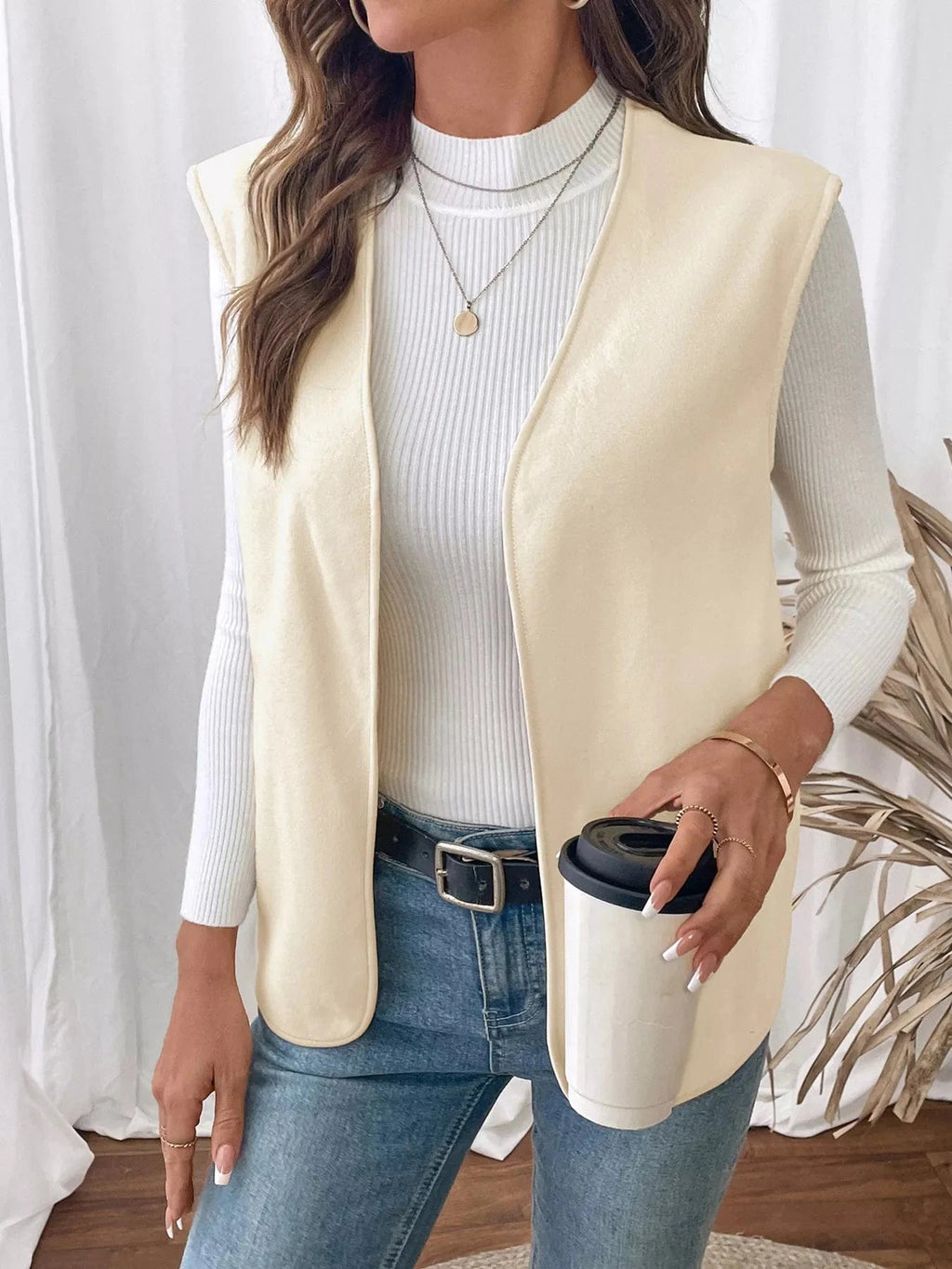Full Size Open Front Vest Coat Plus Size - ShalayeFashion