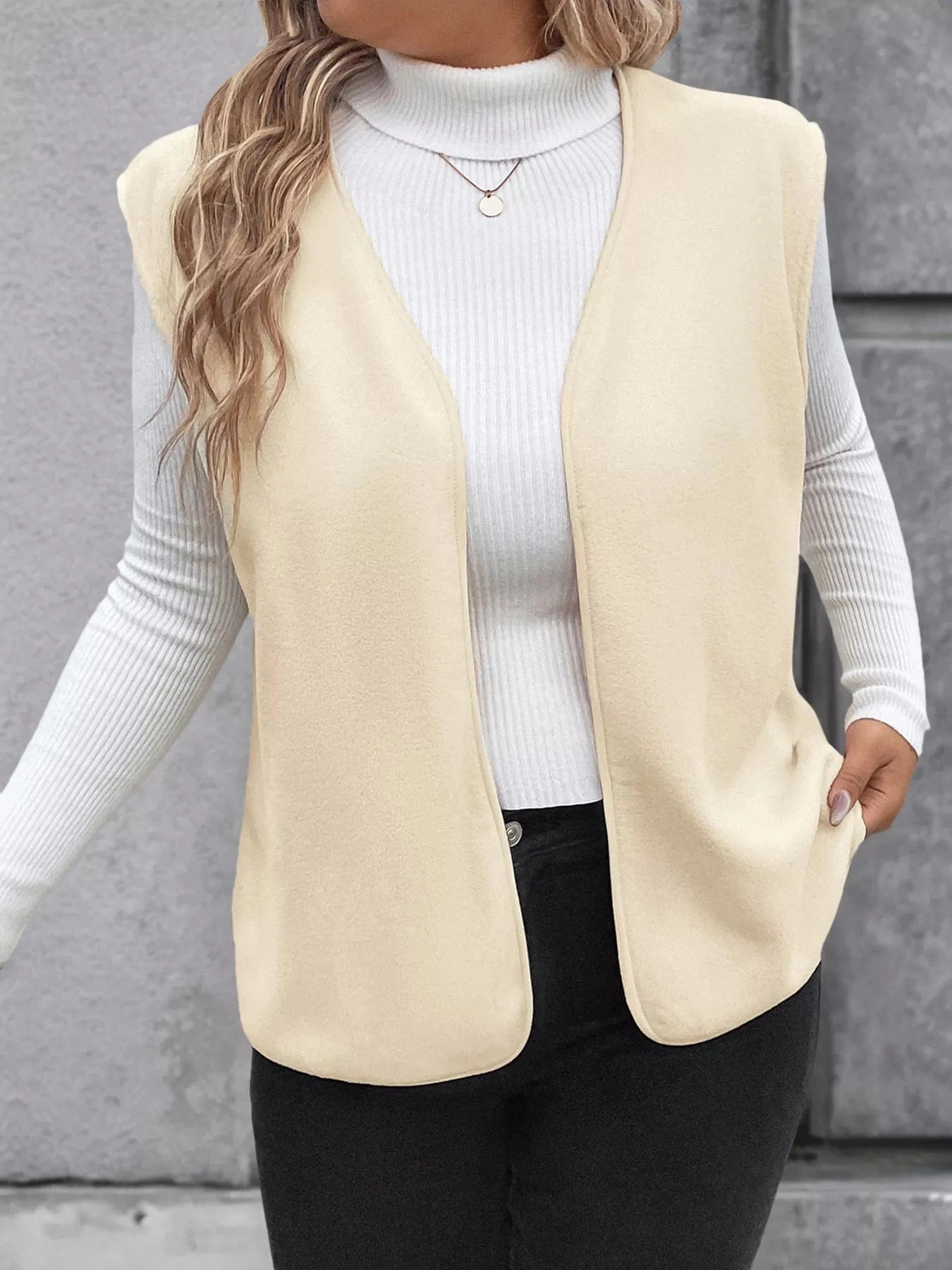 Full Size Open Front Vest Coat Plus Size - ShalayeFashion