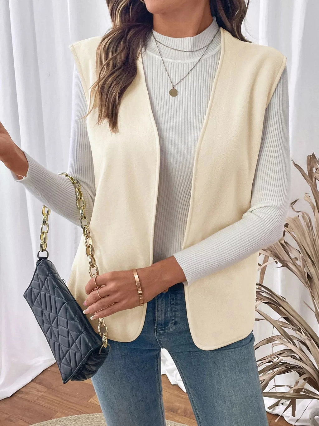 Full Size Open Front Vest Coat Plus Size - ShalayeFashion