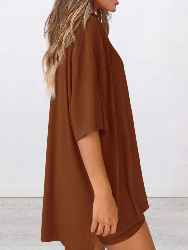 Full Size Oversized Round Neck Top and Shorts Set Plus Size - ShalayeFashion