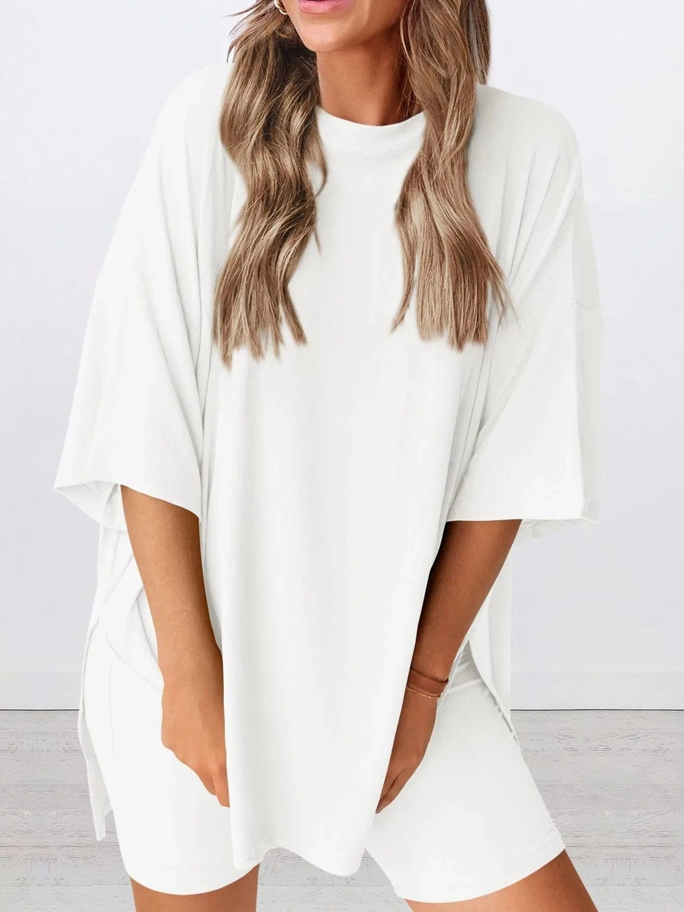 Full Size Oversized Round Neck Top and Shorts Set Plus Size - ShalayeFashion