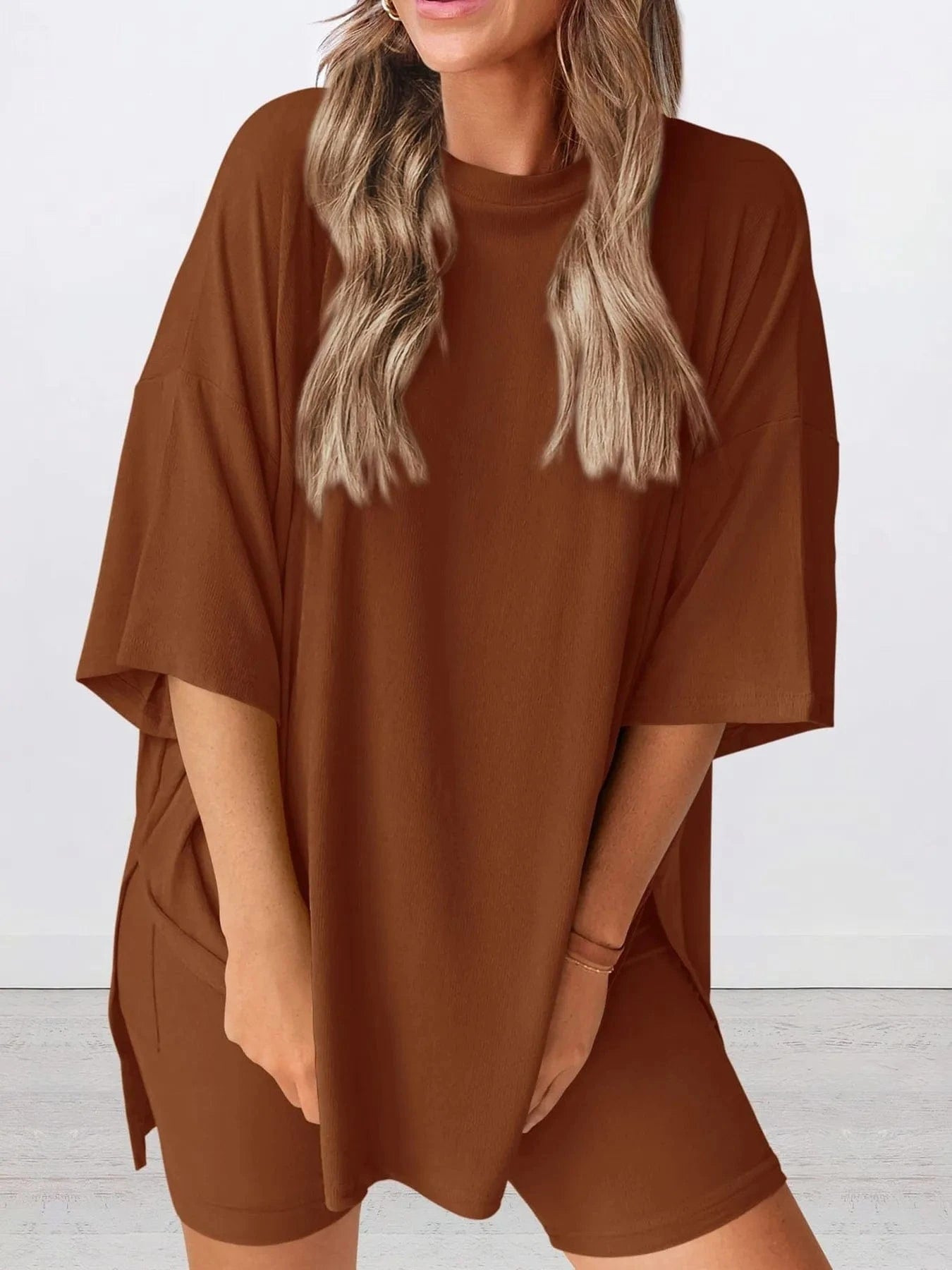 Full Size Oversized Round Neck Top and Shorts Set Plus Size - ShalayeFashion