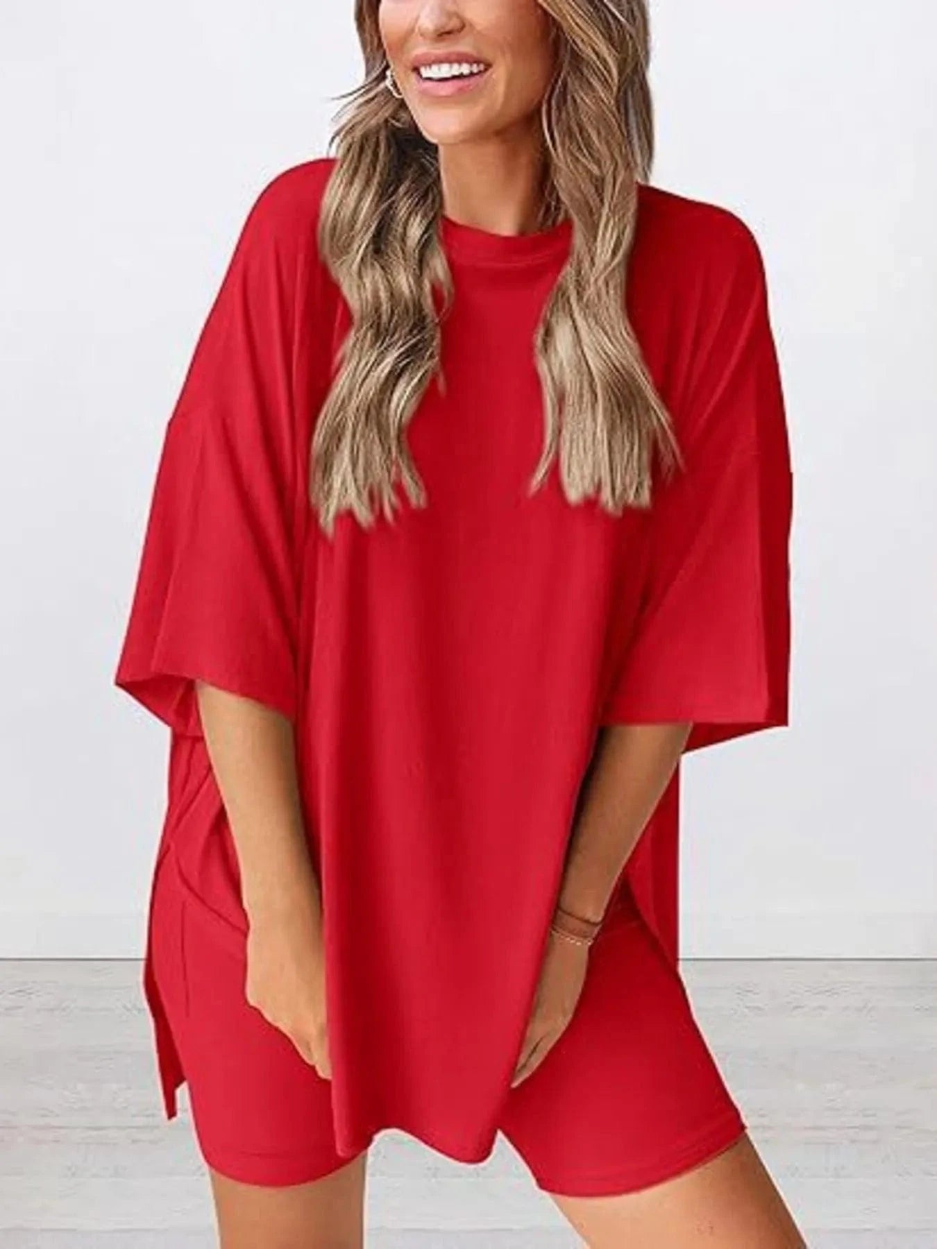 Full Size Oversized Round Neck Top and Shorts Set Plus Size - ShalayeFashion