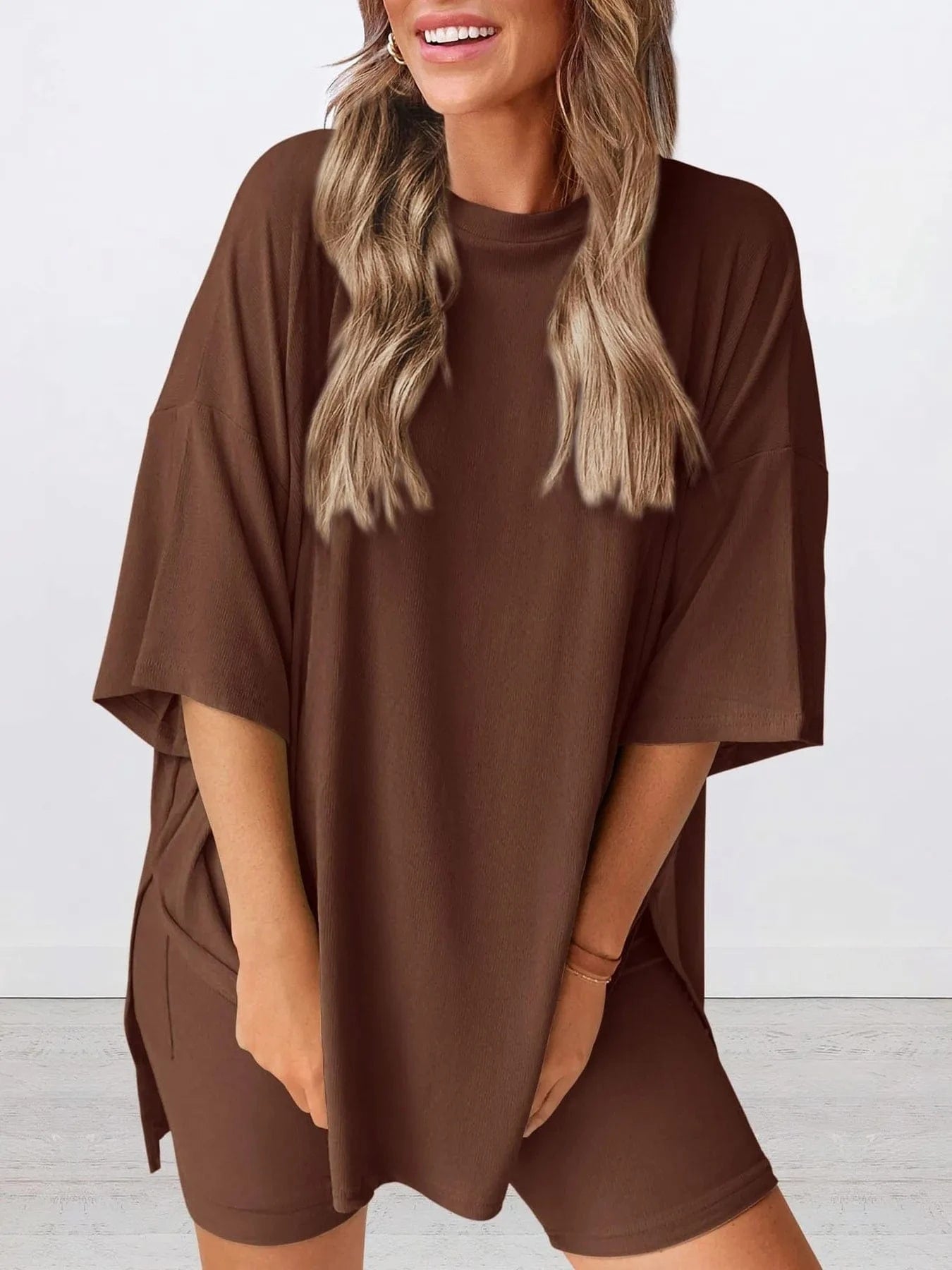 Full Size Oversized Round Neck Top and Shorts Set Plus Size - ShalayeFashion