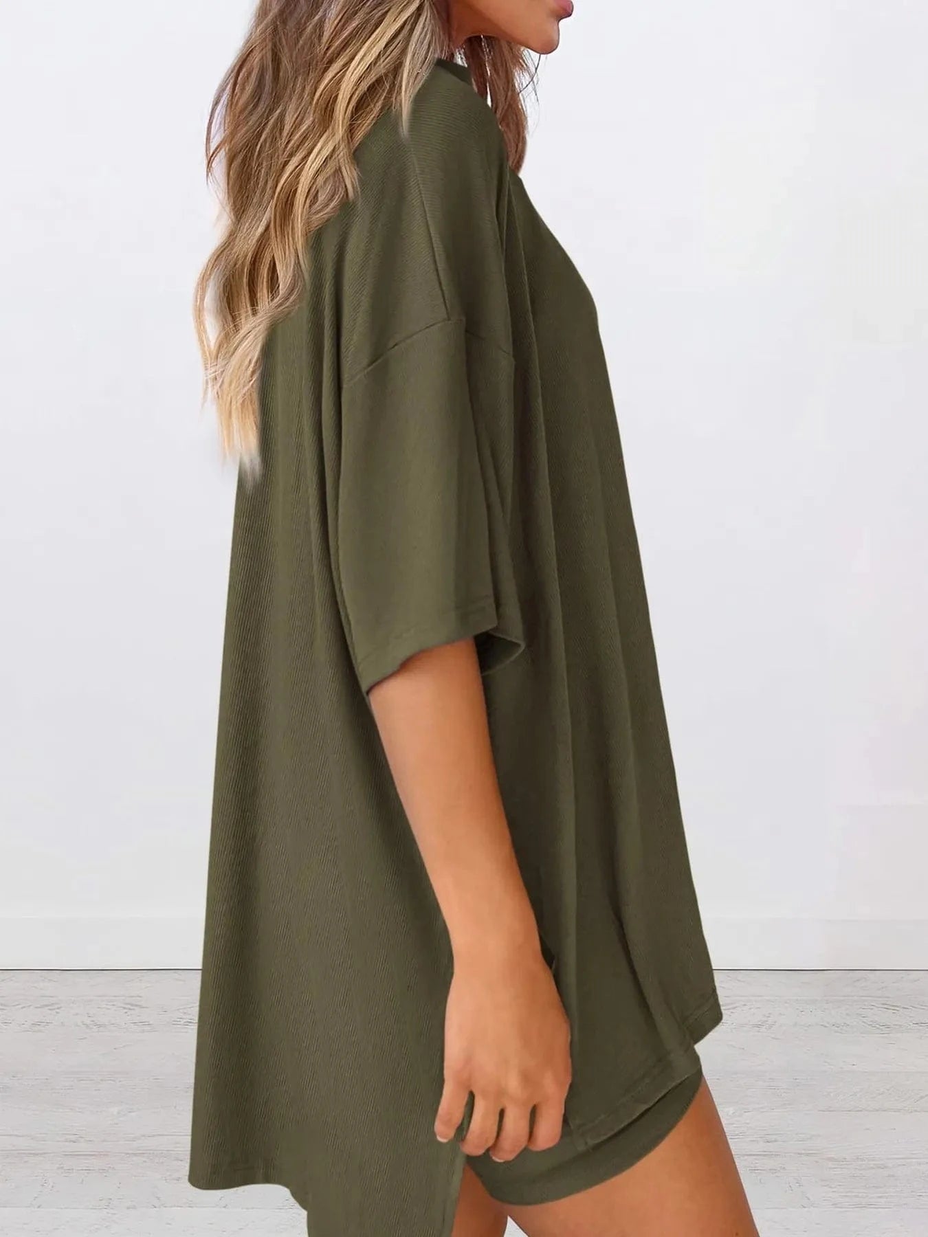 Full Size Oversized Round Neck Top and Shorts Set Plus Size - ShalayeFashion